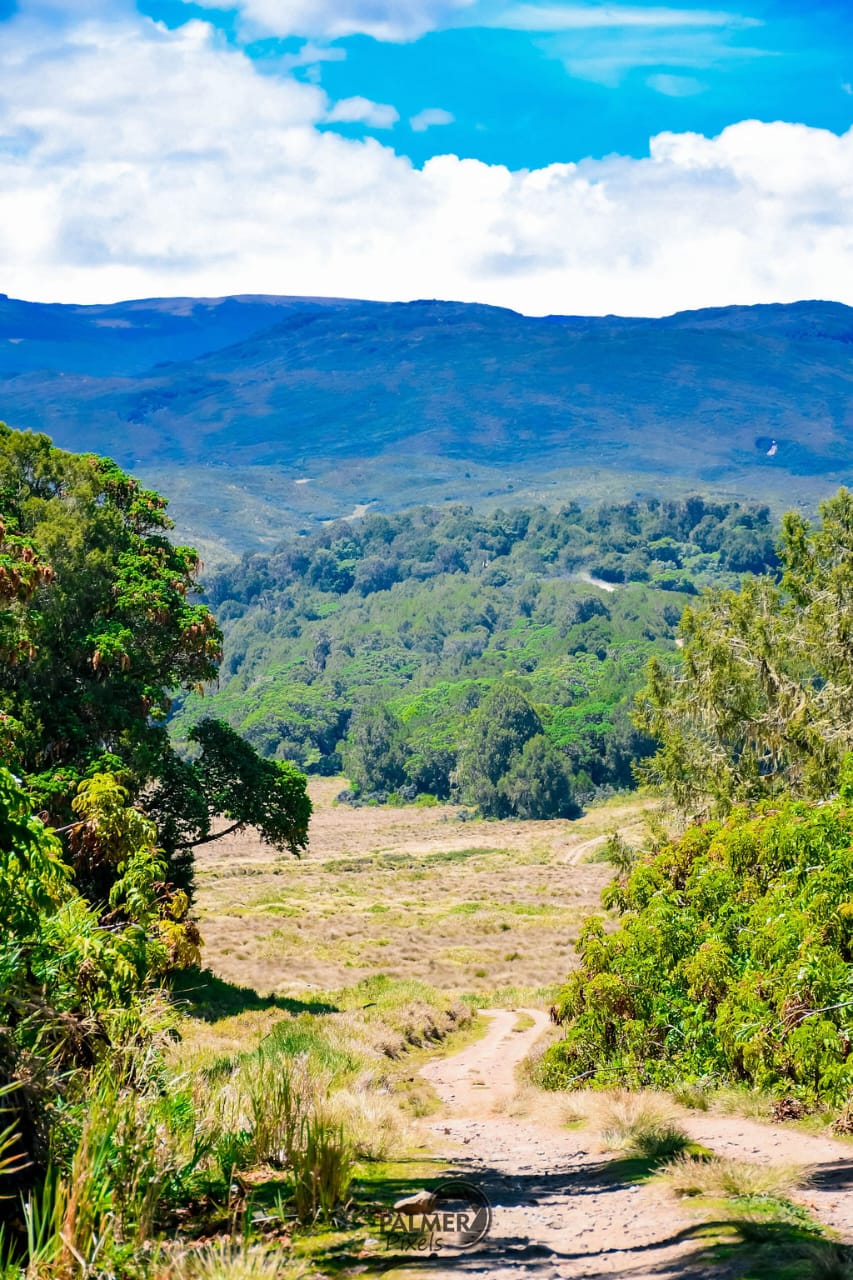 A dirt path winds through lush green valleys and distant mountains